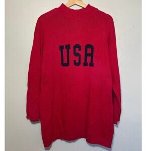 Vintage Liz Claiborne Womens Size M Mock Neck Red & Blue USA Sweater 100% Cotton